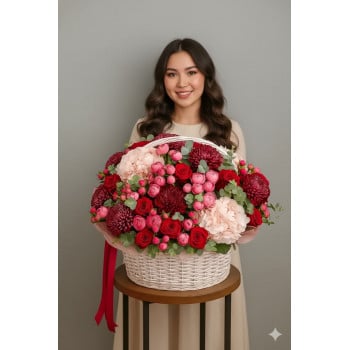 Корзина букета из хризантем, гортензий, роз, спрей роз и эвкалипта Корзина букета из хризантем, гортензий, роз, спрей роз и эвкалипта